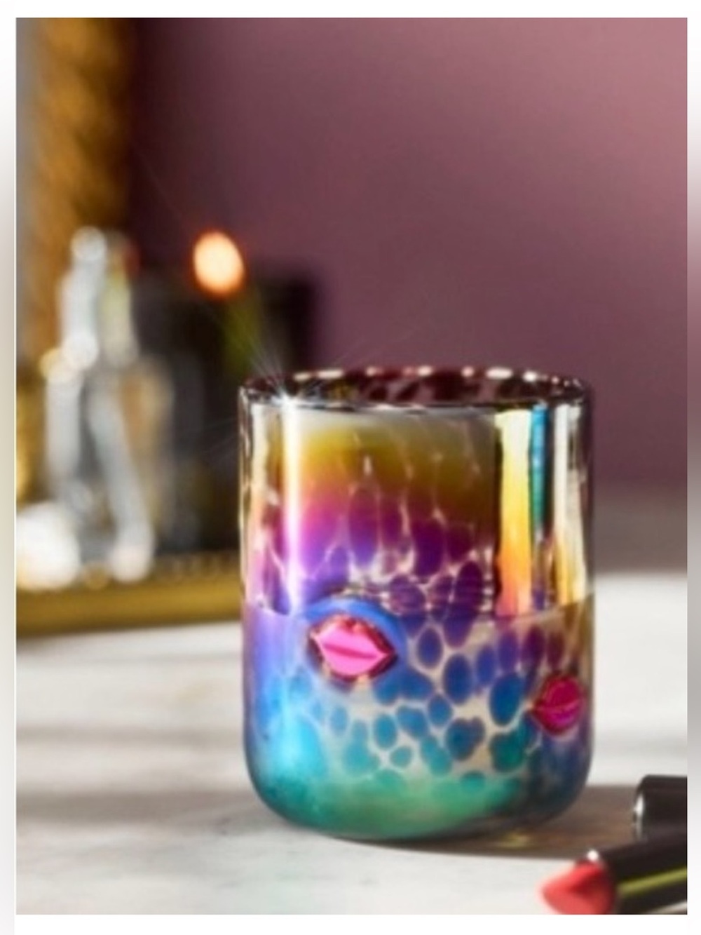 Anthropologie Iridescent Multi-Color Icon Glass with Pink Lip Accents